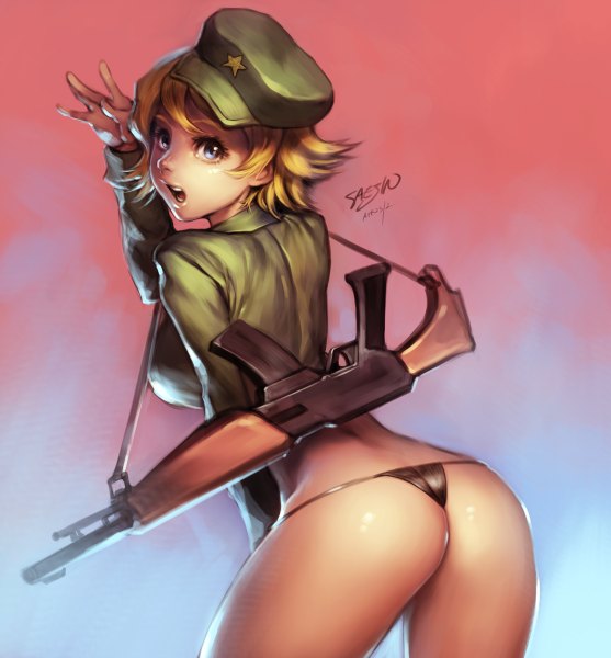 Anime picture 1114x1200 with original saejin oh single tall image looking at viewer fringe short hair open mouth blue eyes light erotic blonde hair ass looking back girl uniform underwear panties weapon hat military uniform