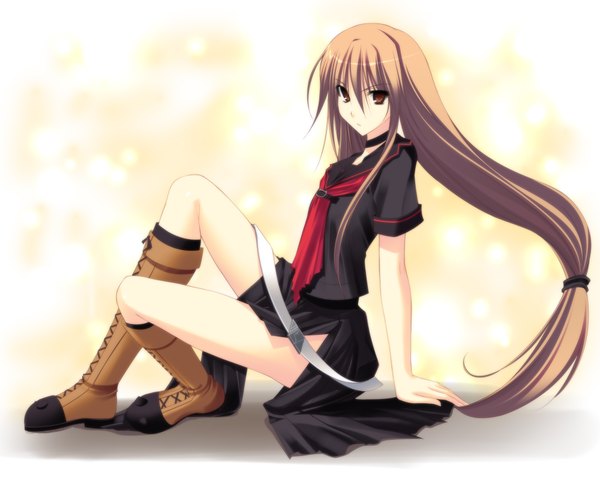 Anime picture 2000x1600 with ookami-san to shichinin no nakama-tachi j.c. staff ookami ryouko takepon (artist) single long hair highres brown hair brown eyes girl serafuku thigh boots