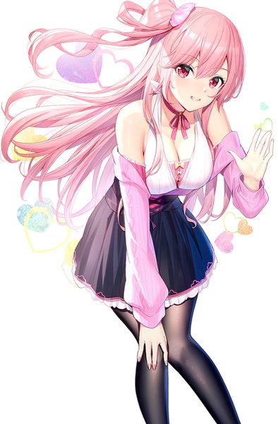 Anime picture 789x1200 with original emily stock ririko (zhuoyandesailaer) single long hair tall image looking at viewer blush fringe breasts simple background hair between eyes standing white background bare shoulders pink hair cleavage nail polish parted lips pink eyes