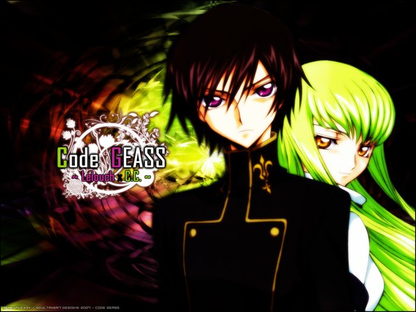 Anime picture 1024x768 with code geass sunrise (studio) c.c. lelouch lamperouge long hair looking at viewer fringe short hair purple eyes yellow eyes green hair inscription back to back girl boy uniform school uniform