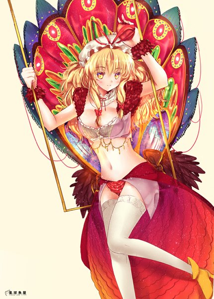 Anime picture 790x1100 with touhou yakumo yukari heco (mama) single long hair tall image blush breasts light erotic simple background blonde hair large breasts looking away cleavage light smile bare belly midriff alternate costume yellow background girl