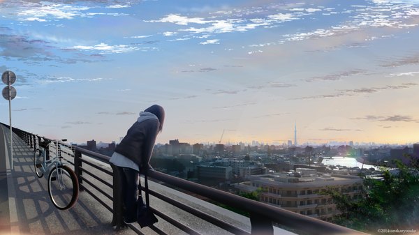 Anime picture 1920x1080 with original tanaka ryosuke single highres short hair brown hair wide image standing sky cloud (clouds) outdoors from behind realistic shadow leaning leaning forward horizon street girl plant (plants)