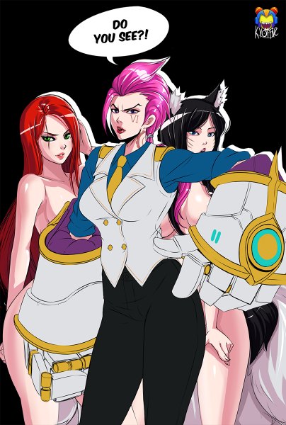 Anime picture 808x1200 with league of legends ahri (league of legends) katarina (league of legends) vi (league of legends) kyoffie12 long hair tall image looking at viewer blue eyes light erotic black hair simple background purple eyes multiple girls green eyes animal ears pink hair red hair tail nude