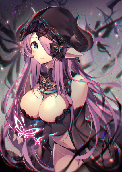 Anime picture 1062x1500 with granblue fantasy narmaya (granblue fantasy) homaderi single long hair tall image looking at viewer fringe breasts blue eyes light erotic large breasts bare shoulders cleavage purple hair horn (horns) pointy ears blurry hair over one eye bare belly