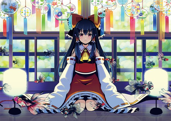 Anime picture 1000x707 with touhou hakurei reimu yuuka nonoko single long hair looking at viewer black hair red eyes sitting signed long sleeves wide sleeves twitter username sleeves past wrists seiza girl skirt bow hair bow detached sleeves