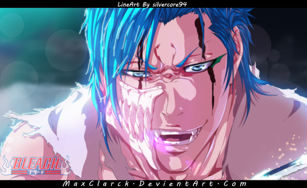 Anime picture 1124x691 with bleach studio pierrot grimmjow jeagerjaques getaxy single short hair open mouth blue eyes smile wide image blue hair traditional clothes japanese clothes sunlight inscription coloring torn clothes close-up face smirk