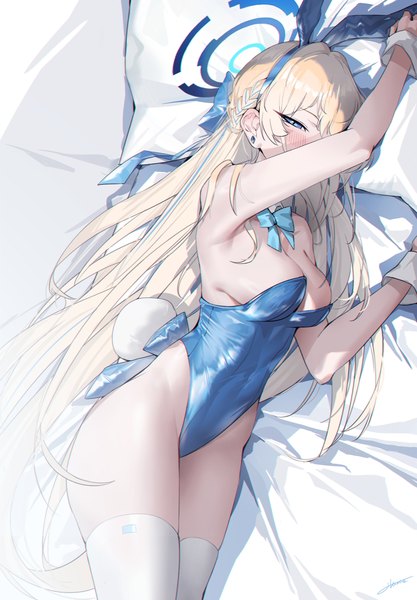 Anime picture 1451x2089 with blue archive toki (blue archive) toki (bunny) (blue archive) haine 1871 single long hair tall image blush fringe breasts blue eyes light erotic blonde hair bare shoulders animal ears looking away tail lying blunt bangs animal tail