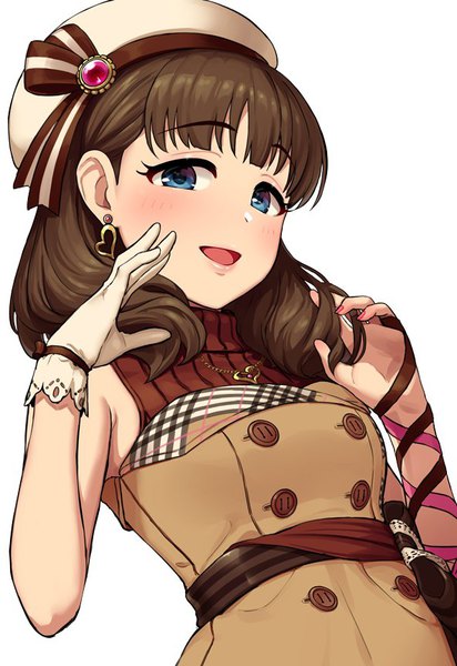 Anime picture 592x861 with idolmaster idolmaster cinderella girls idolmaster cinderella girls starlight stage sakuma mayu omaru gyuunyuu single long hair tall image looking at viewer blush open mouth blue eyes simple background brown hair white background :d from below double buttons thoughtful present girl