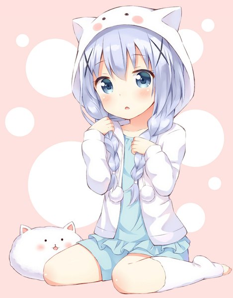 Anime picture 782x1000 with gochuumon wa usagi desu ka? white fox kafuu chino tippy (gochiusa) customer (carrack) single long hair tall image looking at viewer blush fringe open mouth sitting purple hair braid (braids) embarrassed twin braids wariza pink background polka dot