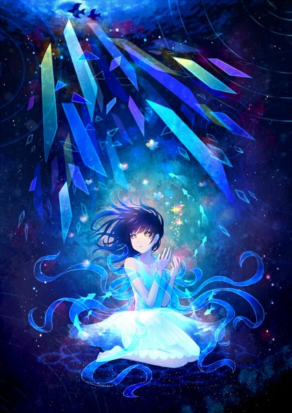 Anime picture 706x1000 with original megumu single long hair tall image black hair yellow eyes looking away dark background girl dress flower (flowers) fish (fishes)