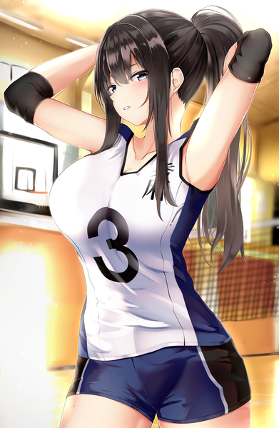 Anime picture 3260x5000 with original masaki nanaya single long hair tall image looking at viewer blush fringe highres breasts blue eyes black hair hair between eyes standing payot absurdres ponytail indoors parted lips arms up