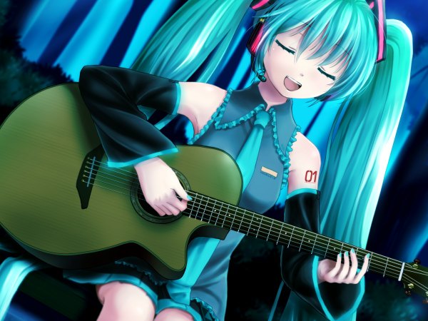 Anime picture 1200x900 with vocaloid hatsune miku ginko (konekonoshippo) single open mouth sitting twintails eyes closed very long hair aqua hair girl hair ornament detached sleeves necktie headphones guitar
