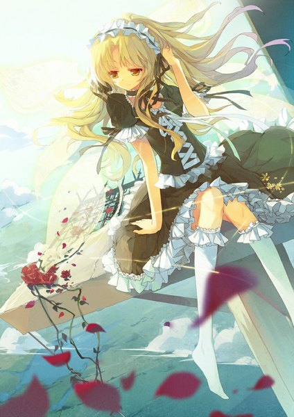 Anime picture 818x1157 with shinkyoku soukai polyphonica iaritikke sin goluot yayin (yayin233) single long hair tall image blonde hair yellow eyes girl skirt flower (flowers) petals socks frills headdress white socks skirt set