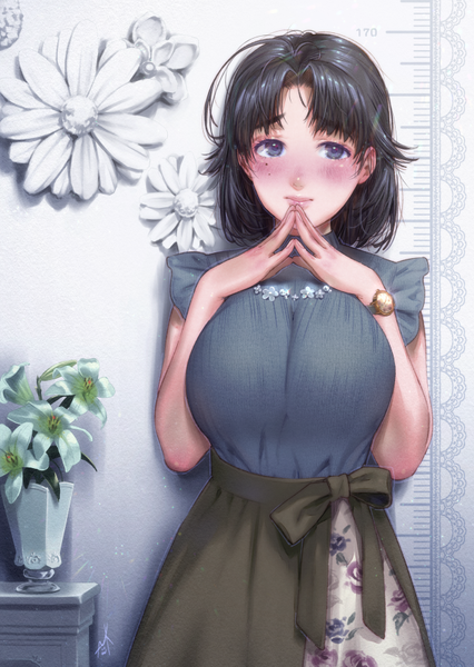 Anime picture 624x879 with original kamiyama aya single tall image looking at viewer blush fringe short hair breasts black hair large breasts standing signed ahoge indoors mole grey eyes mole under eye floral print eyebrows