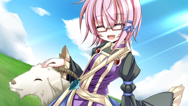Anime picture 1280x720 with sangoku hime unicorn-a short hair open mouth wide image pink hair game cg eyes closed girl animal