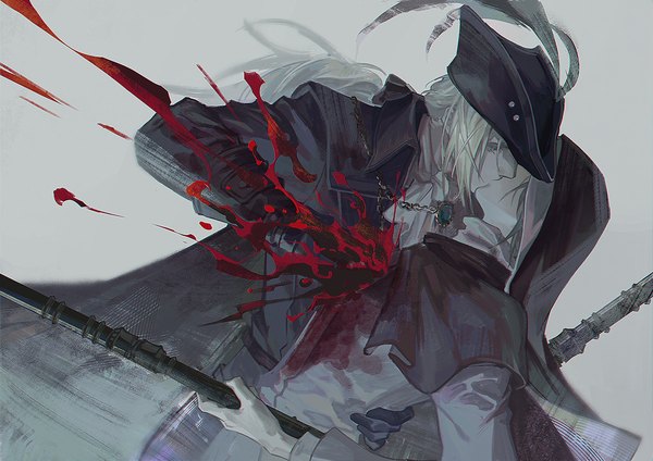 Anime picture 1414x1000 with bloodborne dark souls (series) dark souls from software lady maria of the astral clocktower sister friede agong long hair simple background multiple girls silver hair eyes closed grey background low ponytail blood on face hand on another's hip girl weapon 2 girls hat