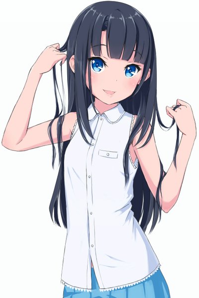 Anime picture 1000x1500 with original kimagure blue single long hair tall image blush fringe open mouth blue eyes black hair simple background smile standing white background bare shoulders upper body pleated skirt adjusting hair girl skirt