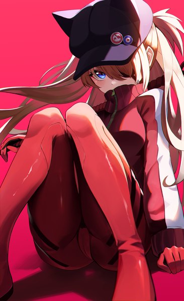 Anime picture 2431x3984 with neon genesis evangelion rebuild of evangelion evangelion: 3.0 you can (not) redo gainax soryu asuka langley shikinami asuka langley jsih single long hair tall image looking at viewer blush fringe highres breasts blue eyes simple background brown hair sitting bent knee (knees)