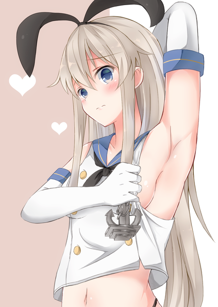 Anime picture 1040x1464 with kantai collection shimakaze destroyer yuzuzukushi single long hair tall image looking at viewer blush fringe breasts blue eyes light erotic simple background blonde hair hair between eyes payot upper body armpit (armpits) embarrassed sideboob