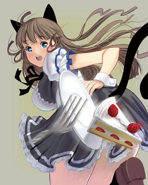 Anime picture 800x1000 with original masao single long hair tall image breasts open mouth blue eyes simple background brown hair large breasts animal ears tail animal tail blurry cat ears maid cat girl cat tail tears