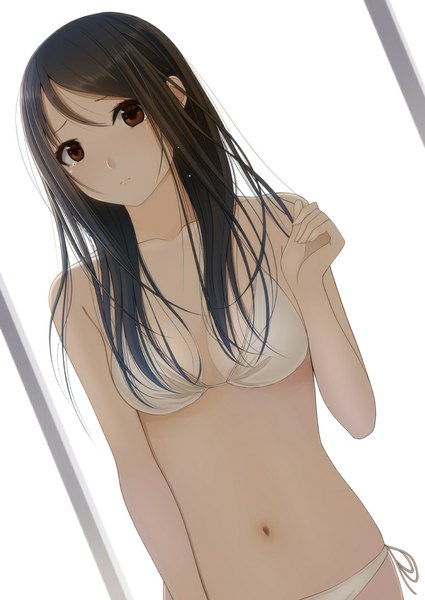 Anime picture 752x1062 with original kentaurosu single long hair tall image looking at viewer breasts light erotic black hair brown eyes girl navel swimsuit bikini