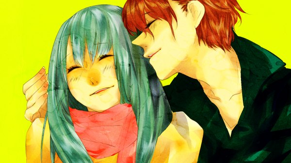 Anime picture 1536x864 with eco (mayoko) long hair short hair wide image red hair eyes closed aqua hair couple yellow background girl boy choker scarf