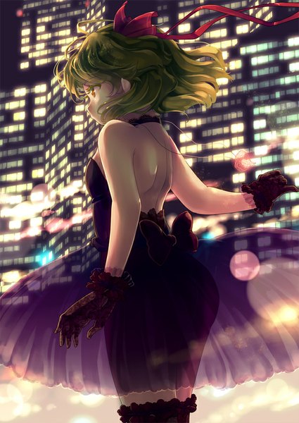Anime picture 627x885 with touhou rumia iris anemone single tall image fringe short hair blonde hair standing bare shoulders looking away night orange eyes alternate costume outstretched arm back city cityscape bare back city lights