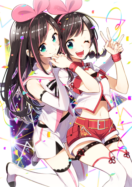 Anime picture 992x1403 with virtual youtuber a.i. channel kizuna ai kizuna ai (chinese) sakuragi ren long hair tall image looking at viewer blush short hair open mouth simple background smile brown hair multiple girls payot bent knee (knees) one eye closed multicolored hair aqua eyes