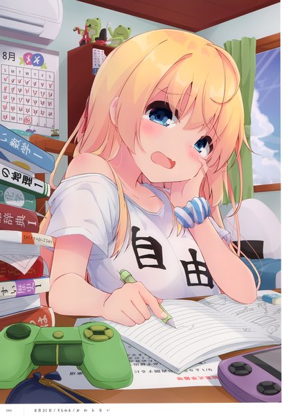 Anime picture 2406x3464 with original tateha (marvelous grace) single long hair tall image looking at viewer blush fringe highres open mouth blue eyes blonde hair holding indoors head tilt off shoulder clothes writing wrist scrunchie hand on cheek girl