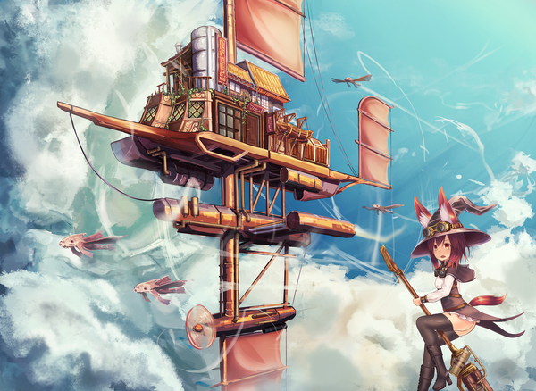 Anime picture 1920x1400 with original natori youkai single highres short hair open mouth red eyes brown hair animal ears looking away sky cloud (clouds) tail long sleeves animal tail high heels flying goggles on head broom riding goggles around neck