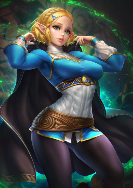 Anime picture 2480x3508 with the legend of zelda the legend of zelda: breath of the wild nintendo princess zelda nudtawut thongmai single tall image highres short hair breasts blonde hair standing green eyes looking away bent knee (knees) braid (braids) long sleeves lips pointy ears realistic