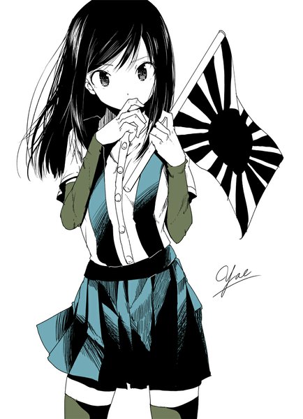 Anime picture 800x1104 with kantai collection asashio destroyer yae (mono110) single long hair tall image looking at viewer black hair holding signed black eyes polychromatic high contrast girl thighhighs skirt miniskirt flag