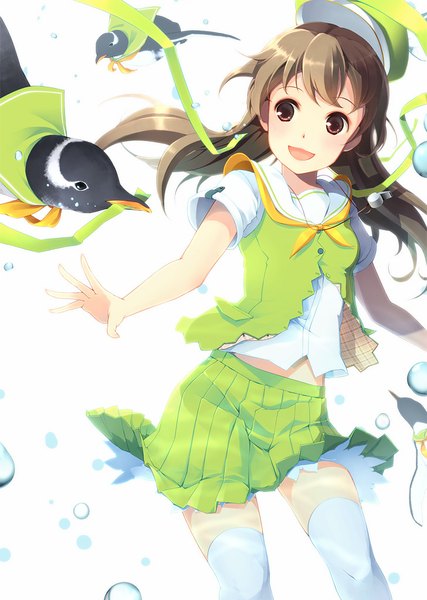 Anime picture 728x1024 with original yoshino ryou single long hair tall image looking at viewer blush open mouth brown hair white background brown eyes girl thighhighs dress animal white thighhighs bird (birds) penguin