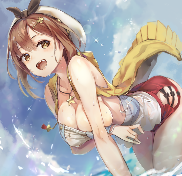 Anime picture 1504x1456 with atelier (series) atelier ryza gust (company) reisalin stout cruel gz single looking at viewer blush fringe short hair breasts open mouth light erotic smile hair between eyes brown hair large breasts yellow eyes sky cleavage