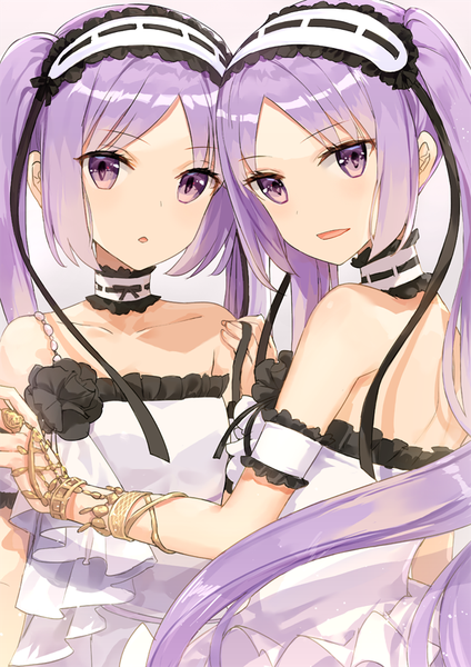 Anime picture 600x849 with fate (series) fate/grand order fate/hollow ataraxia euryale (fate) stheno fuumi (radial engine) long hair tall image looking at viewer blush fringe open mouth simple background purple eyes twintails bare shoulders multiple girls payot purple hair head tilt