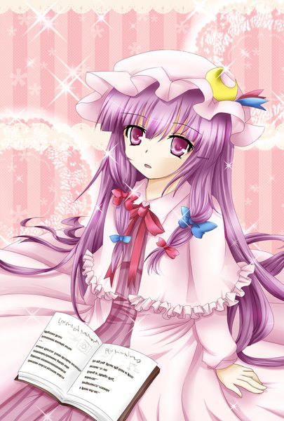 Anime picture 1181x1748 with touhou patchouli knowledge single long hair tall image purple eyes purple hair crescent girl dress bow hair bow book (books) bonnet