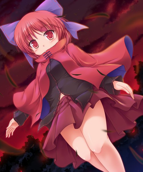 Anime picture 1500x1800 with touhou sekibanki lzh single tall image looking at viewer blush short hair red eyes sky cloud (clouds) red hair girl skirt bow hair bow leaf (leaves) cape red skirt