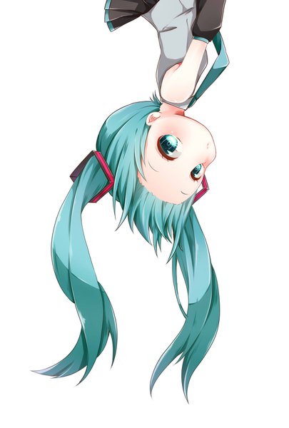 Anime picture 1181x1748 with vocaloid hatsune miku eshe mr single long hair tall image looking at viewer blush simple background white background twintails upper body aqua eyes aqua hair upside down girl skirt hair ornament detached sleeves black skirt