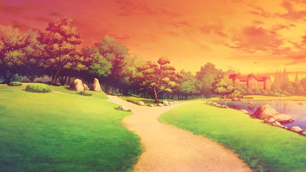 Anime picture 2048x1152 with shinsei ni shite okasubekarazu (game) highres wide image game cg sky evening sunset no people landscape scenic lake plant (plants) tree (trees) water grass forest path park