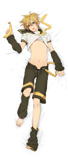Anime picture 1400x3249 with vocaloid kagamine len nayu single tall image open mouth blonde hair lying aqua eyes dakimakura (medium) unzipped boy navel detached sleeves necktie food shorts tongue fruit gaiters