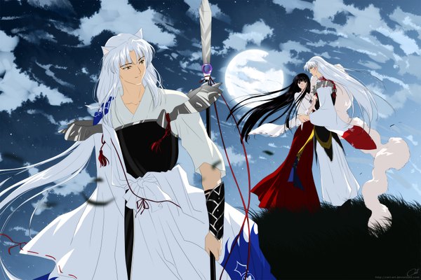 Anime picture 1800x1200 with inuyasha original sesshomaru kikyou hoshimaru (original by fanasy) cati-art (artist) long hair fringe highres black hair smile standing animal ears yellow eyes silver hair cloud (clouds) long sleeves traditional clothes profile light smile