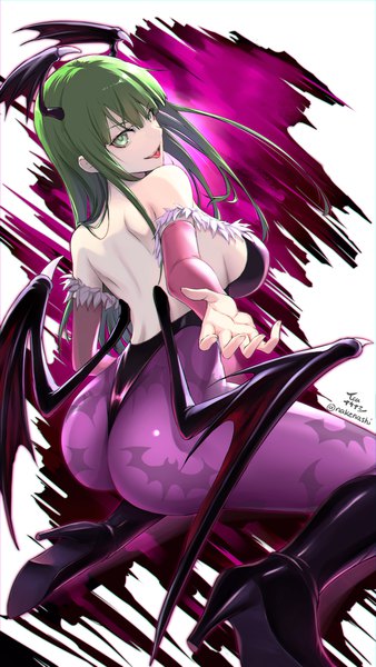 Anime picture 1408x2500 with vampire / darkstalkers (game) capcom morrigan aensland tea (nakenashi) single long hair tall image looking at viewer fringe breasts light erotic large breasts green eyes signed ass green hair from behind high heels twitter username back