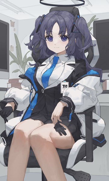 Anime picture 2220x3677 with blue archive yuuka (blue archive) sentter single long hair tall image looking at viewer highres smile sitting purple eyes purple hair bent knee (knees) indoors long sleeves pleated skirt off shoulder open jacket two side up girl