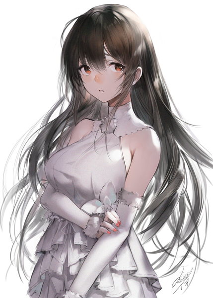 Anime picture 2145x3000 with original iori (cpeilad) single long hair tall image looking at viewer blush fringe highres breasts black hair simple background hair between eyes large breasts standing white background bare shoulders brown eyes signed nail polish