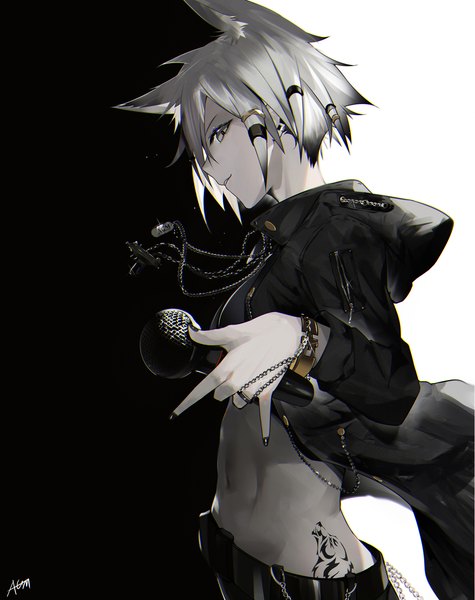 Anime picture 1220x1540 with arknights lappland (arknights) omone hokoma agm single tall image looking at viewer fringe short hair simple background smile hair between eyes signed animal ears upper body profile light smile grey hair bare belly grey eyes tattoo