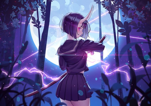 Anime picture 2953x2085 with fate (series) fate/grand order shuten douji (fate) rhasta single blush fringe highres short hair black hair standing purple eyes holding sky outdoors blunt bangs profile pleated skirt looking back horn (horns)