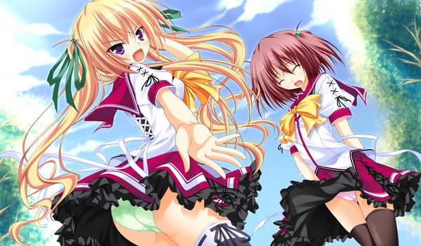 Anime picture 1024x600 with sora to kumo to kimi no koi long hair blush short hair open mouth light erotic blonde hair wide image twintails purple eyes multiple girls game cg red hair girl thighhighs uniform underwear panties ribbon (ribbons) 2 girls