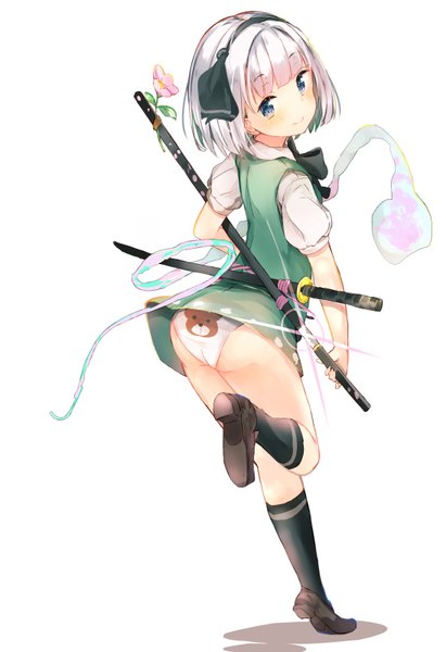 Anime picture 548x800 with touhou konpaku youmu myon yukizumi remon single tall image short hair blue eyes light erotic simple background standing white background pink hair silver hair bent knee (knees) ass pleated skirt looking back short sleeves puffy sleeves