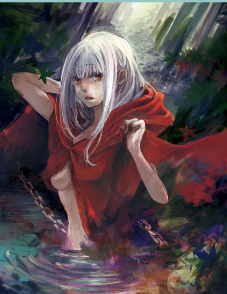 Anime picture 884x1142 with sound horizon elysion lafrenze piyoyanagi single long hair tall image fringe breasts open mouth red eyes white hair girl water leaf (leaves) chain cloak