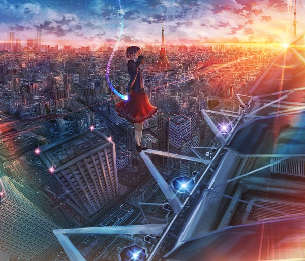 Anime picture 1400x1200 with original kenzo 093 single long hair fringe standing holding sky cloud (clouds) outdoors ponytail long sleeves from above wind city glowing evening sunset horizon cityscape